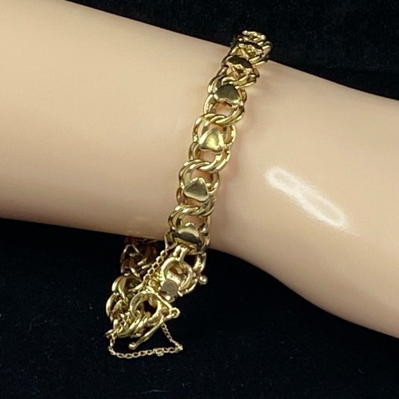 14K yellow gold 7.6mm Heart Double link Charm bracelet starter 18.8g 7.0" JR7848 - Picture 1 of 9